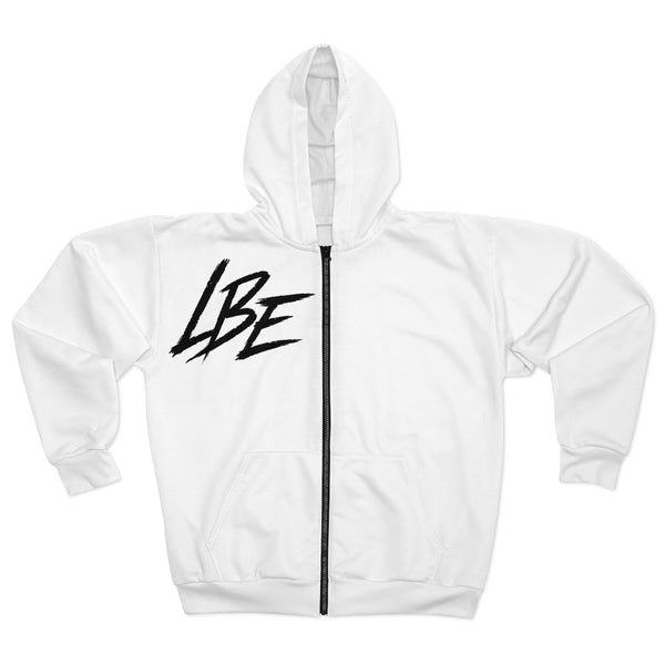 Lost Boy Era Zip Hoodie LBE Gothic Script White Zip-Up front view