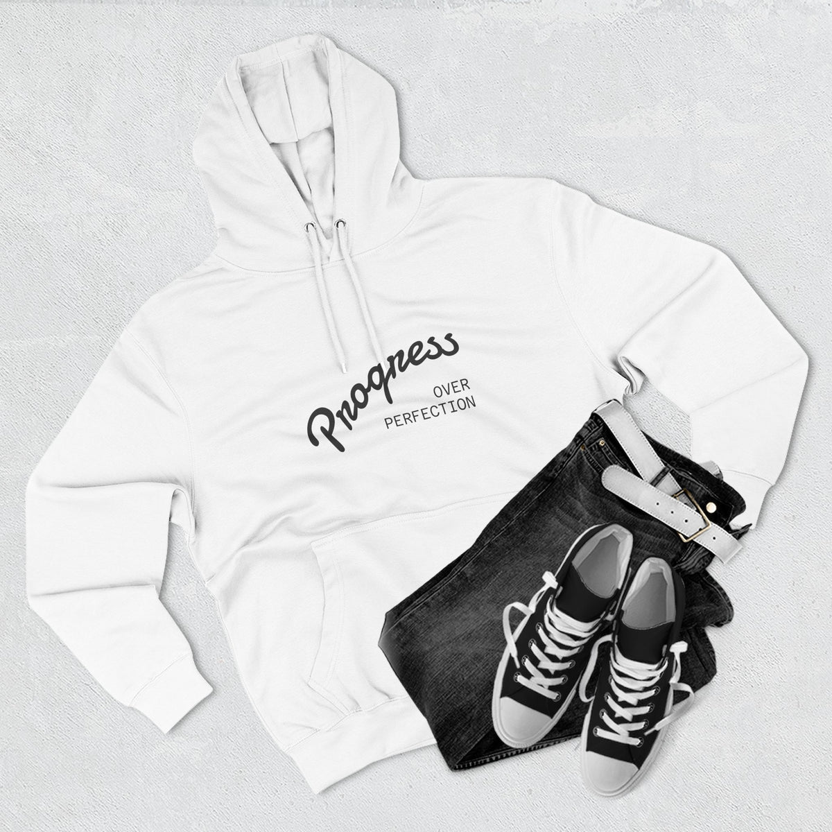 Progress Over Perfection Hoodie — "Hustle More, Coffee Less" Graphic Hoodie